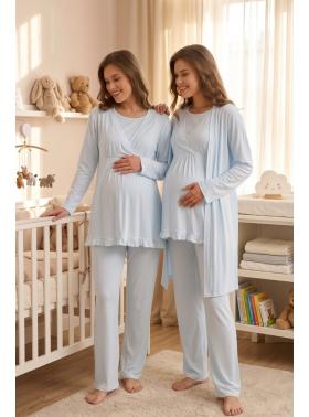  Emzirme Detaylı Mavi Kruvaze Sade Uzun Kollu Sabahlıklı Lohusa Pijama Takımı - 640 